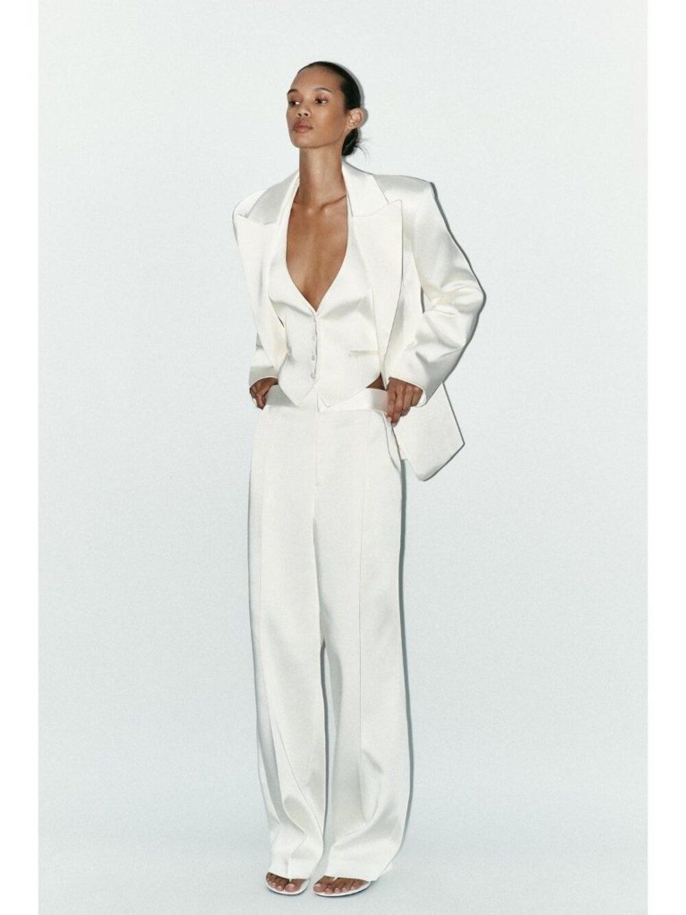 Zara Womens Pants Trousers Small S Oyster-White Satin Wide Leg 1255/443 NWT